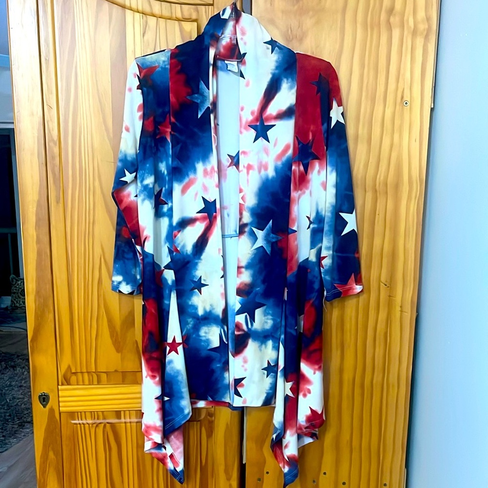 PRETTY WOMAN USA CARDIGAN OPEN FRONT ASYMMETRICAL RED WHITE BLUE STARS WOMEN M